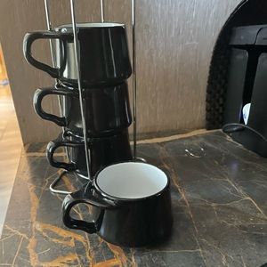 Set of dansk kobenstyle espresso mugs and rack- black. Like new